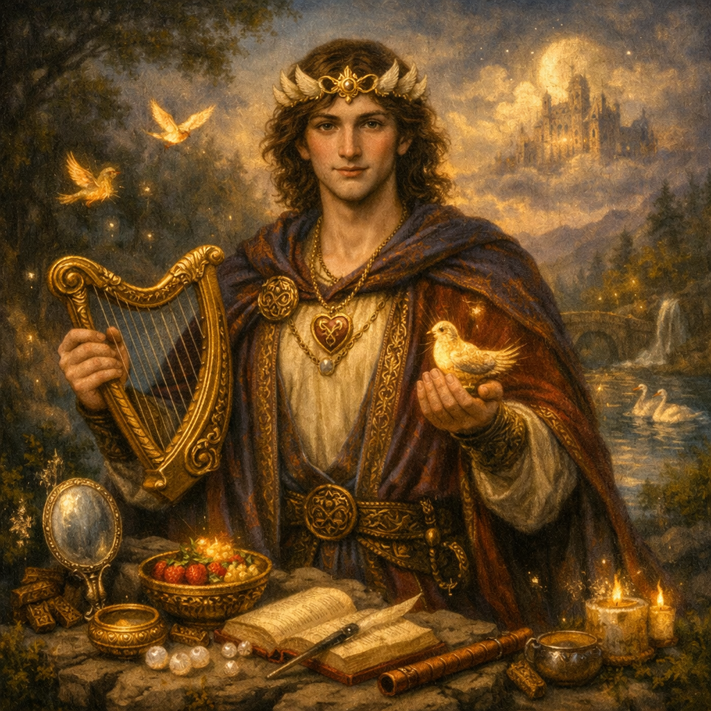 Stylised digital artwork of Angus Mac Og, a deity from Celtic mythology, symbolising transformation and unexpected power